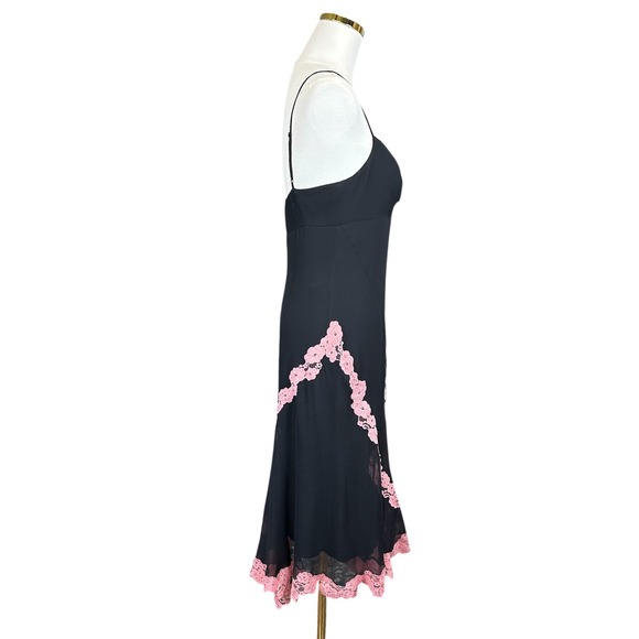 RARE BCBGMAXAZRIA Black Midi Dress Pink Floral Lace Trim Sweetheart Slip Dress 6 - Picture 8 of 13